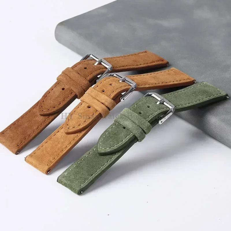 Artisanal Vintage Suede Leather Watch Strap with Handmade Stitching and Quick Release