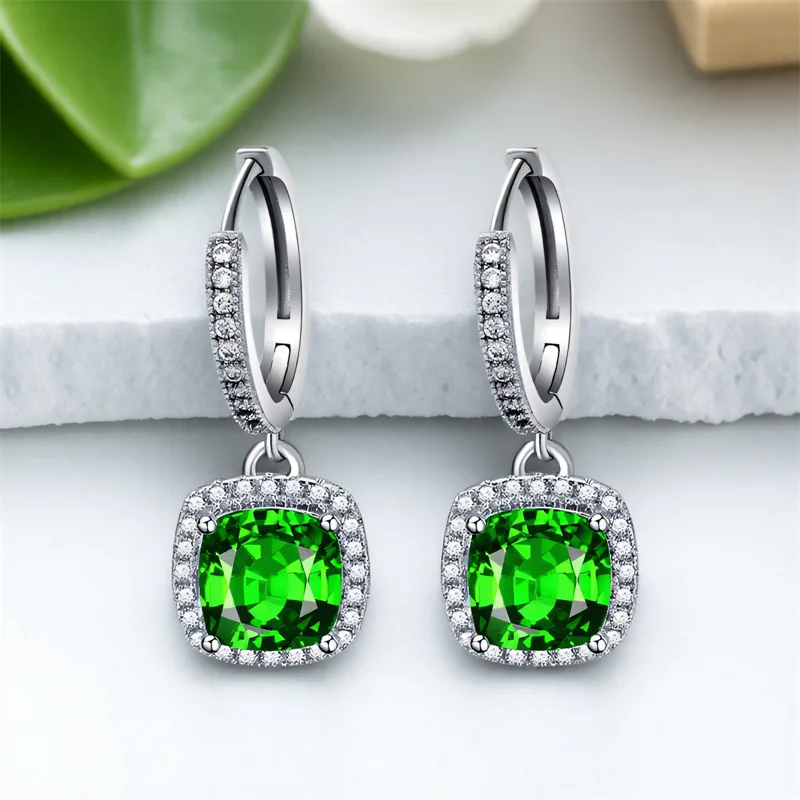 Female Luxury Crystal Aqua Blue Zircon Stone Earrings Cute Small Square Hoop Earrings For Women Silver Color Wedding Jewelry