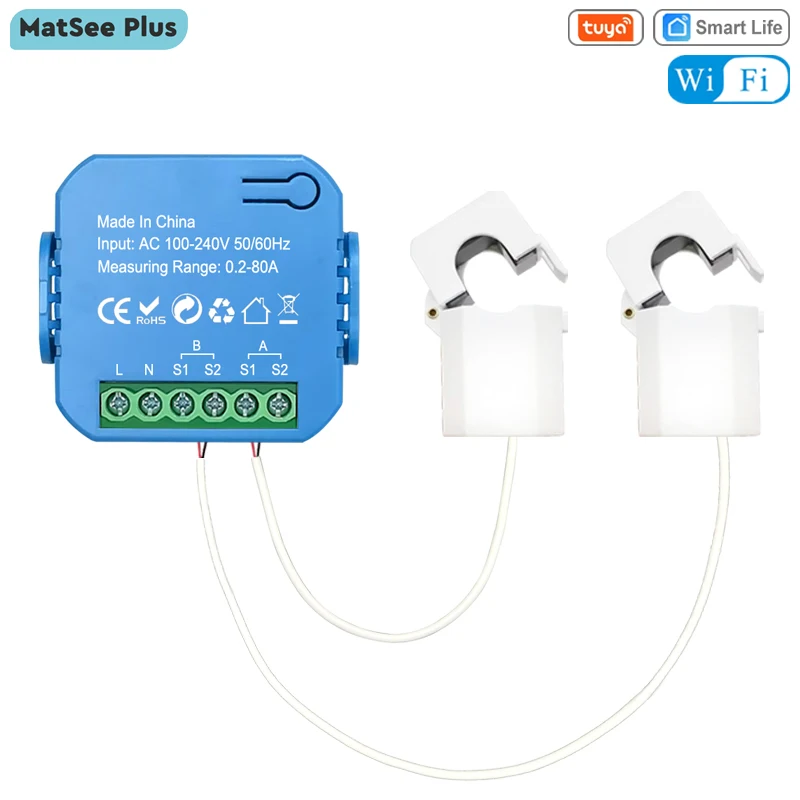 Tuya Smart Life WiFi Bidirectional Energy Meter 2 Channel with 80A Clamp App Monitor Solar Export and Import Power AC100V/240V