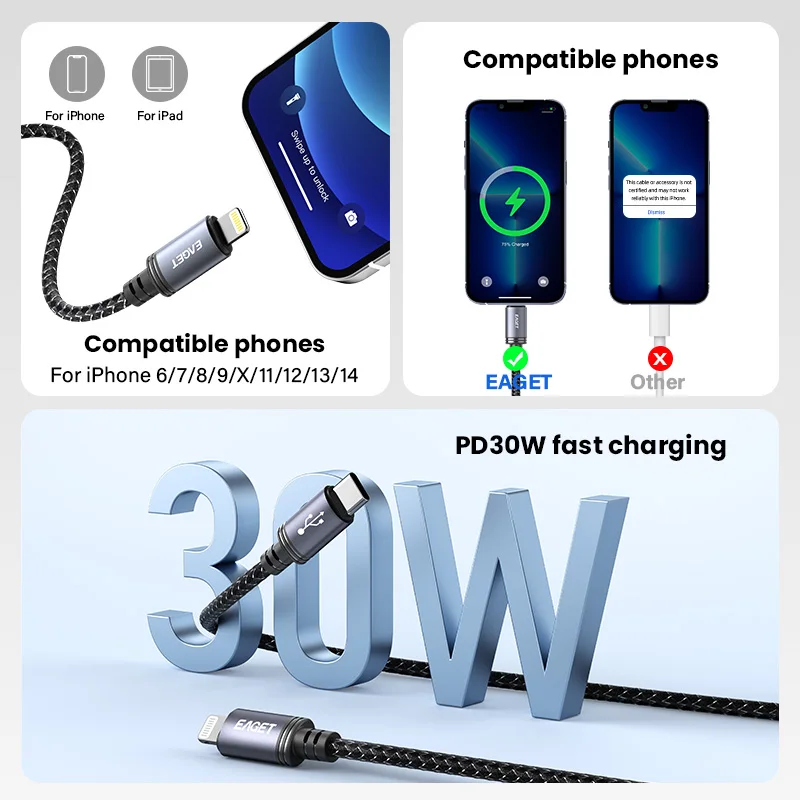 EAGET 30W PD USB C-라이트닝 충전 케이블, 아이폰 14 Pro Max/13/12용 브레이디드 나일론 데이터 케이블