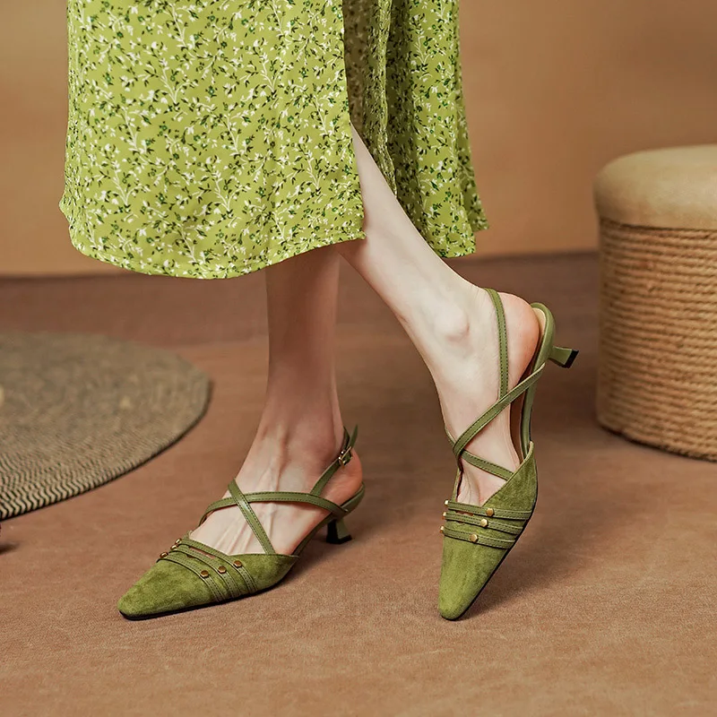 

Phoentin 2023 New Fashion Women stiletto party Shoes mid kitten Heels Summer Sandals Natural Sheep Suede slingbacks Pumps FT2357