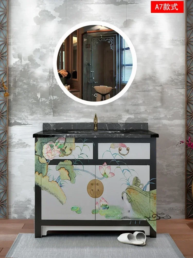 ~Retro Painted New Chinese Bathroom Cabinet Solid Wood Floor-Standing Chinese Bathroom Cabinet Furniture