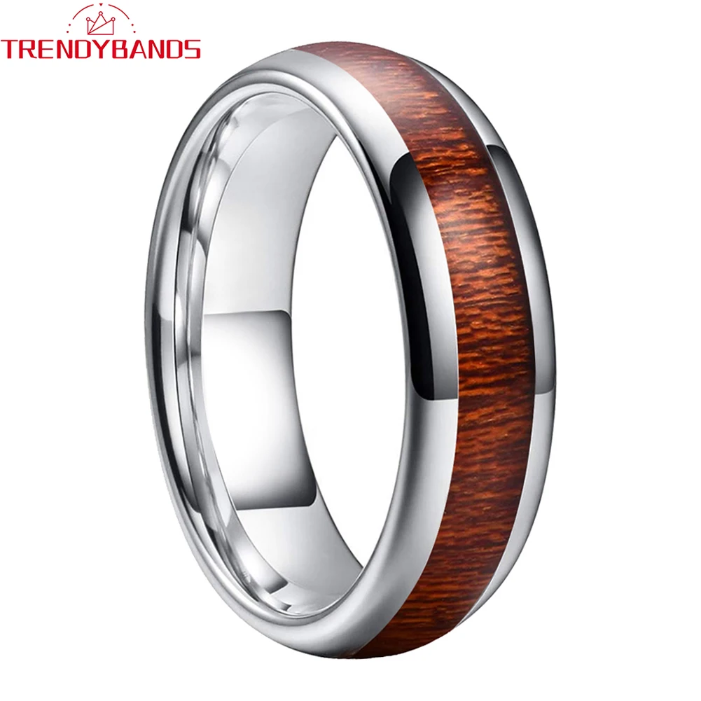 6mm 8mm Tungsten Couple Rings Wedding Band Koa Wood Inlay Domed Polished Shiny Comfort Fit