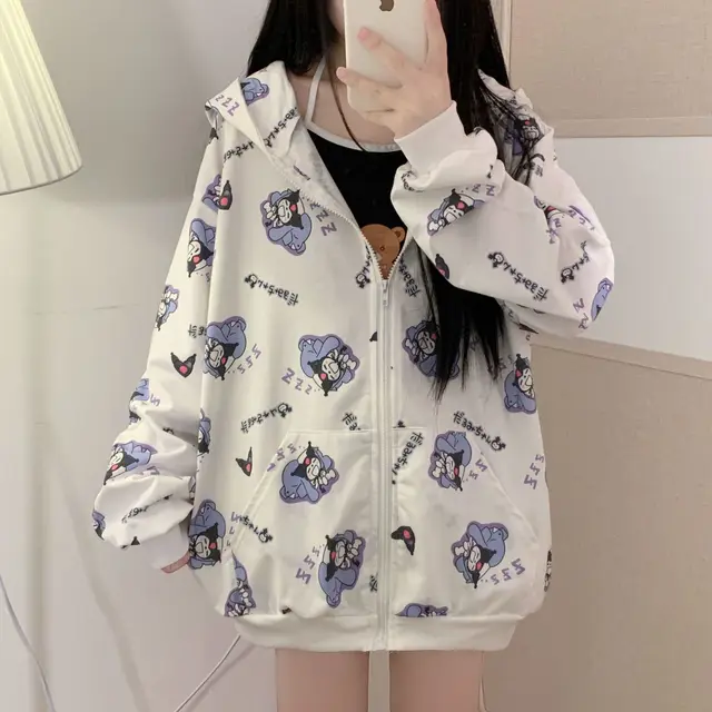 Kawaii Sanrio Kuromi Cartoon Anime Hooded Jacket Women's New Loose Student Cardigan Sweater Plus Fleece Thick Fashion Top