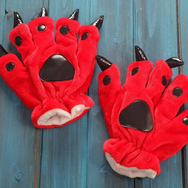 Flannel Kigurumi Pajamas Matching Gloves Animal Cartoon Claw Winter Gloves Kids Winter Clothes Red Dinosaur Match Hand