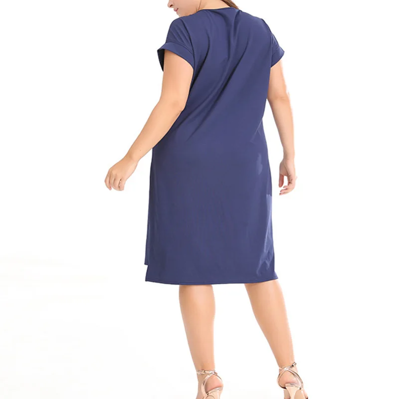 Spring Summer Womens Solid Short Sleeve A-line Wrap V-Neck Distressed Knitted Casual Loose Dark Blue Knee-Length Plus Size Dress