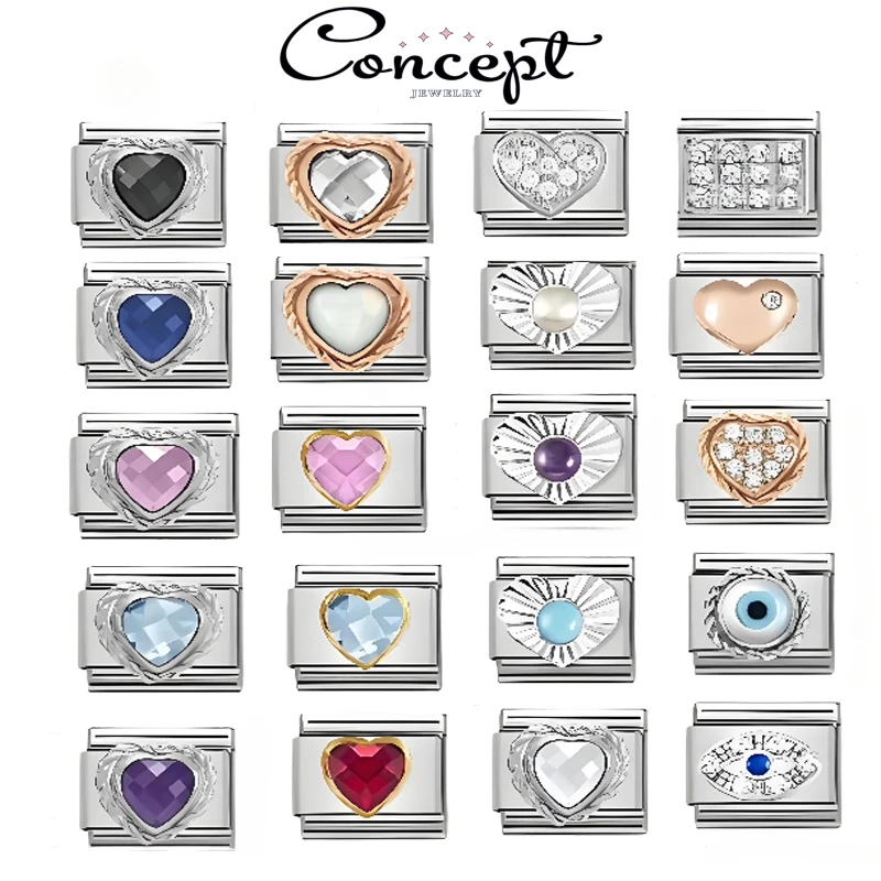 2025 New Original Luxury Zircon Love Italian Charm Links Fit 9mm Bracelet Stainless Steel Jewelry Making