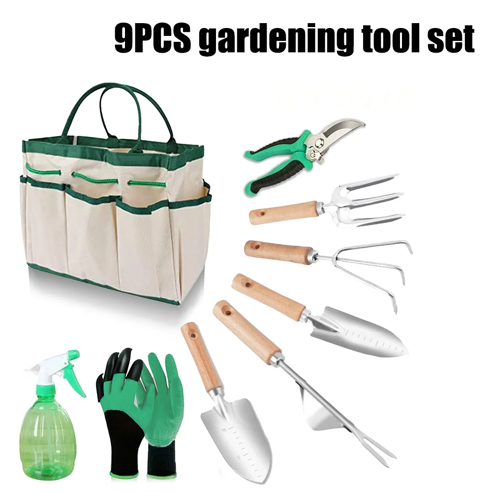 9 pcs high quality garden tool set with durable storage bag, heavy duty aluminum alloy tools, gardening tool set,gift for family