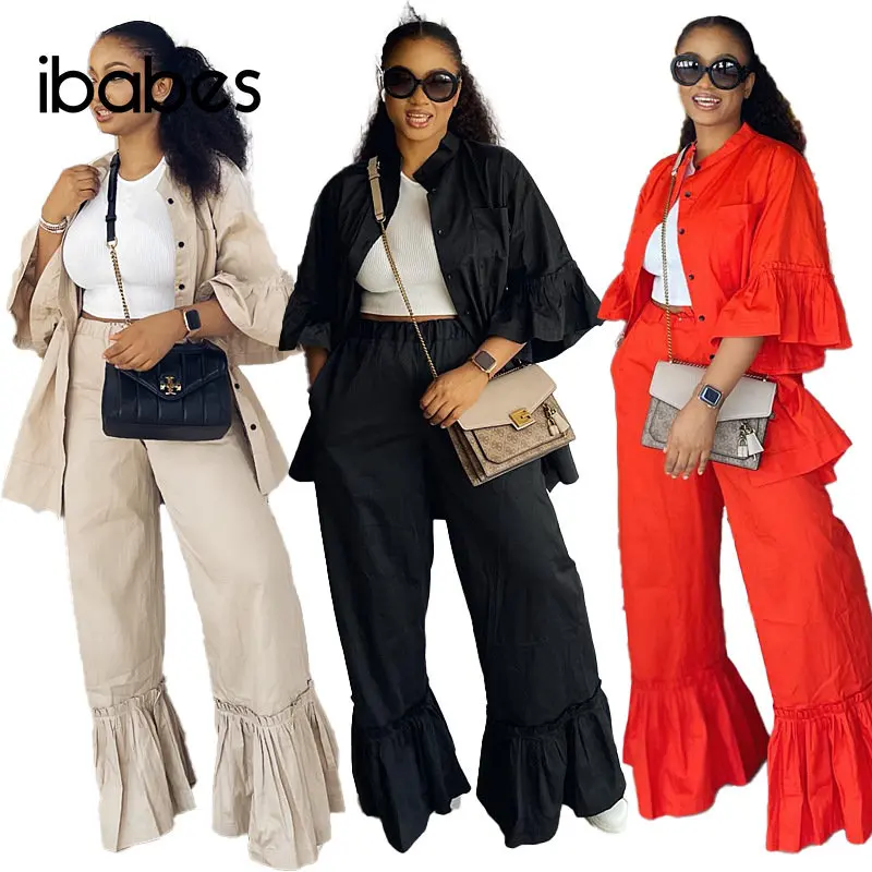 Ruffles Casual Women 2 Piece Set Button Up Half Sleeve Shirts Wide Leg Pants Matching Set 2023 Summer Elegant Office Lady Outfit