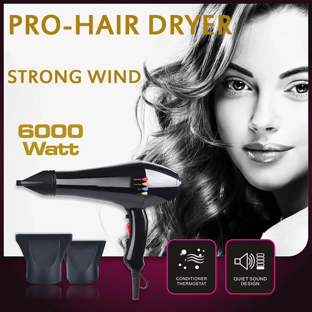 Hair Dryer Portable Hair Dryer Hair Styler Air Hair Styler Hair Styling Set 6000W Hair Dryer 6 Gears Low Noise Lightweight Blower with 2 Nozzles For Salon High Speed Strong Wind