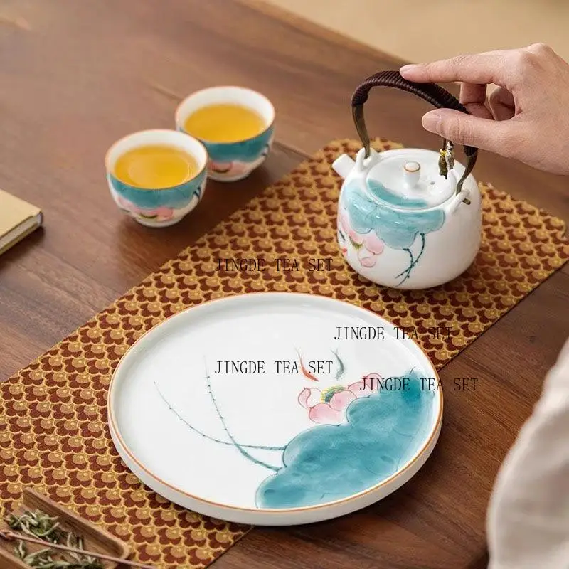 Ceramic hand-painted fish play lotus tea cup tea pot set one pot two cups handle pot, Kung Fu set with tea tray
