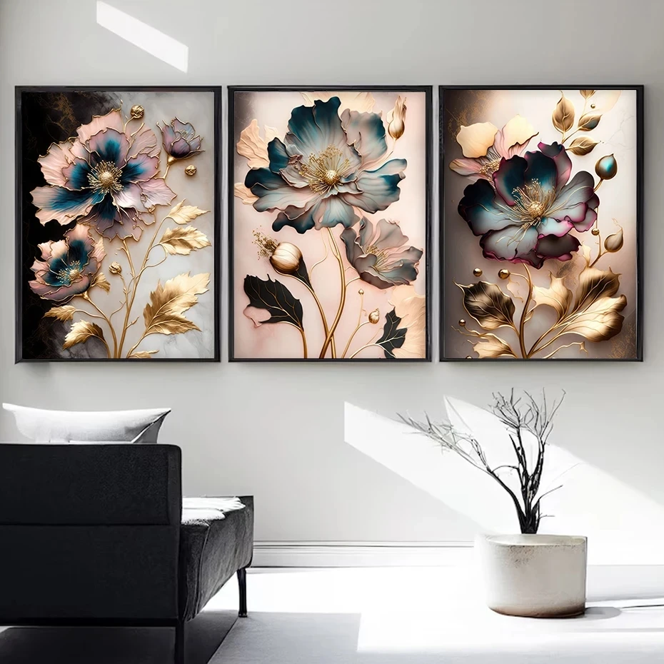 Flowers with Gold Leaves Diamond Painting triptych Full Square Round Diamond Mosaic Modern Living Room Luxurious Home Decoration Flowers with Gold Leaves Diamond Painting triptych Full Square Round Diamond Mosaic Modern Living Room Luxurious Home Decoration