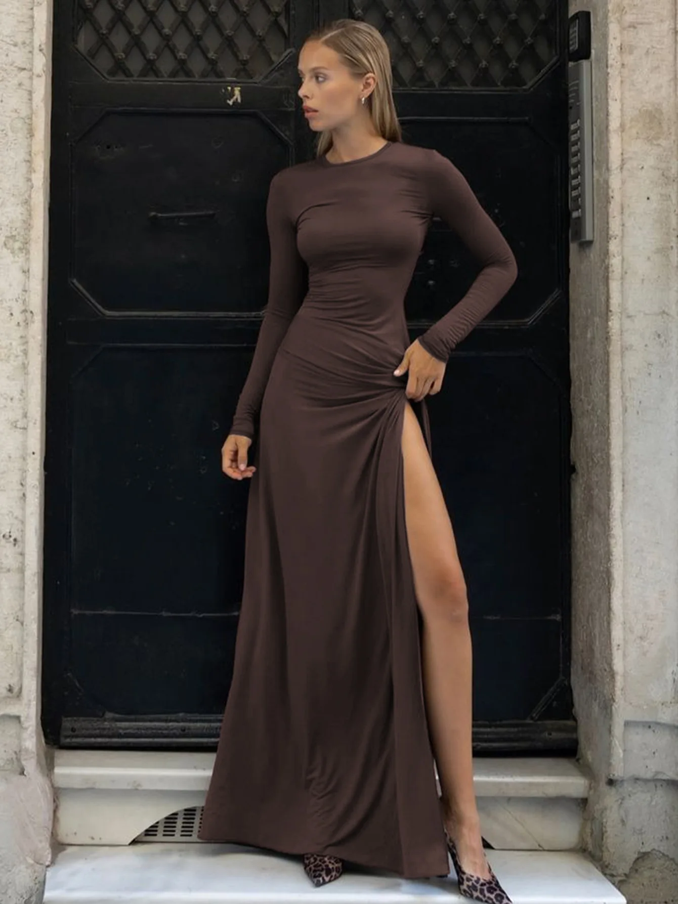 Pleated Skinny Sexy Maxi Dress Women's High Split Fashion Long Sleeve Patchwork Hollow Out Dress Female Solid Long Dress