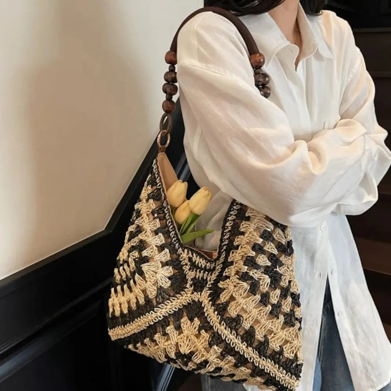 Straw Woven Tote Bag Beach Handbag Bohemian Beach Bag Large Capacity Bucket Bag Hollow Shoulder Bags Holiday 2026 Hollow Out - 3