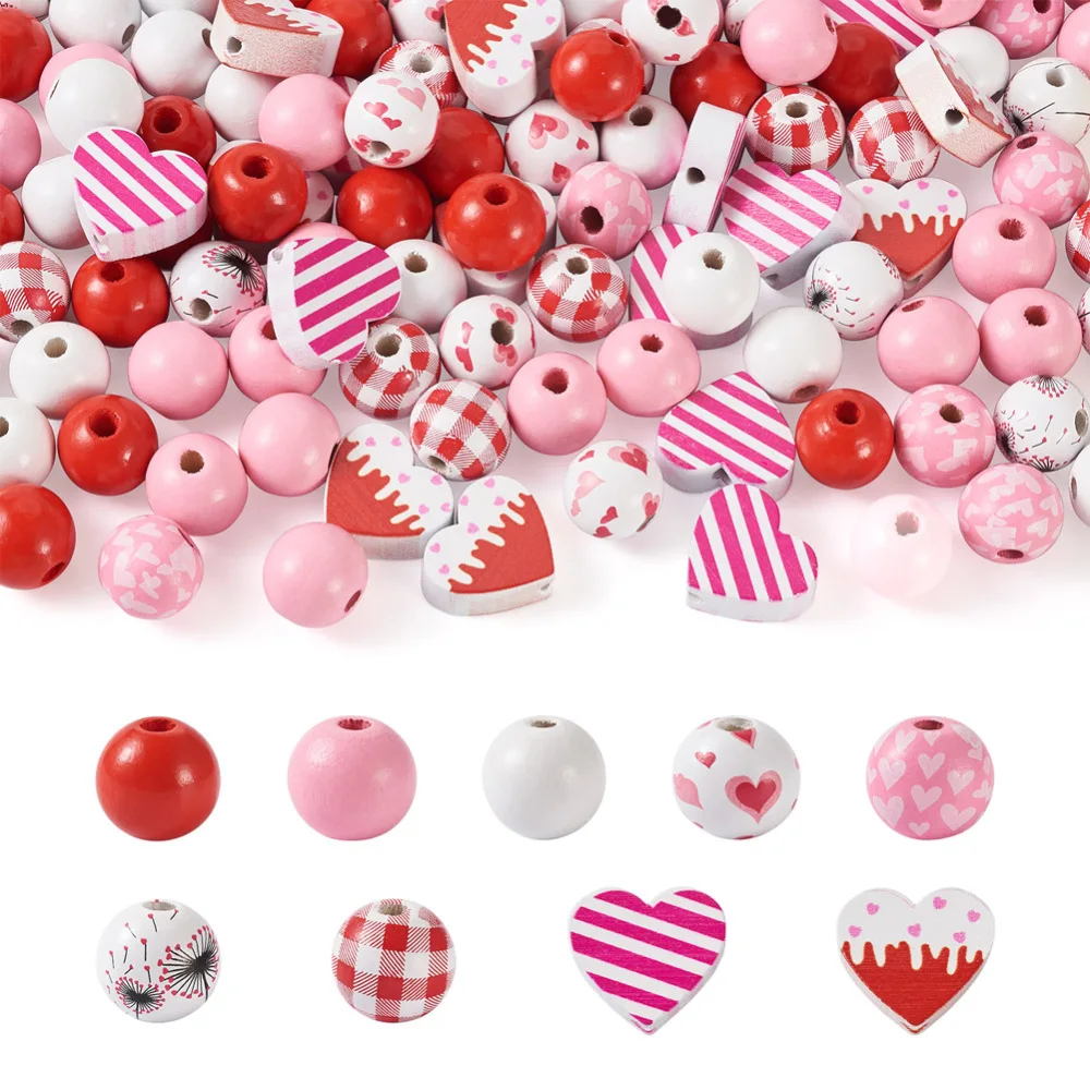 120 Pieces Valentine's Day Wooden Beads for Crafts Valentine Wood Heart  Beads Buffalo Plaid Beads Pink DIY Round Beads Valentine Colorful Large  Hole