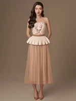 تنورة نسائية ذات ثنيات ، قمة مع تطريز ، زخرفة برشام ، انكماش الخصر ، مد جديد ، أنيق ، ربيع ، ، ، طقم 2 ، 13DB3380 1