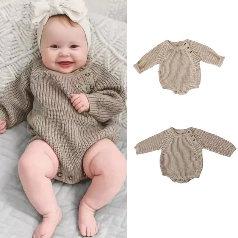 Baby Knitted Sweater Rompers Cotton Boys Girls Solid Color Long Sleeve