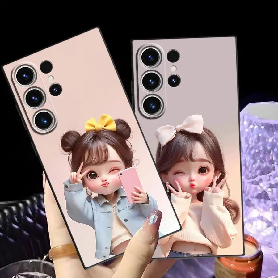 Black Soft Phone Cover with Cartoon Girl Pattern