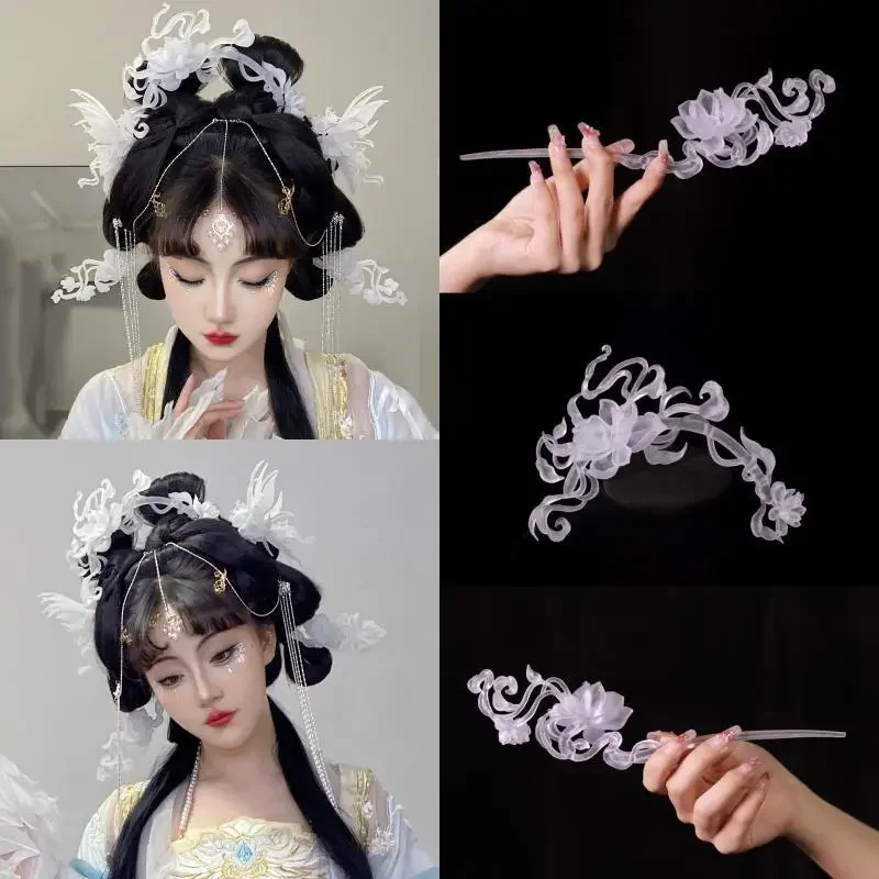 요정 스타일 3D 프린팅 투명 레진 연꽃 머리 장식 헤어핀 고대 중국 한푸 헤어 액세서리