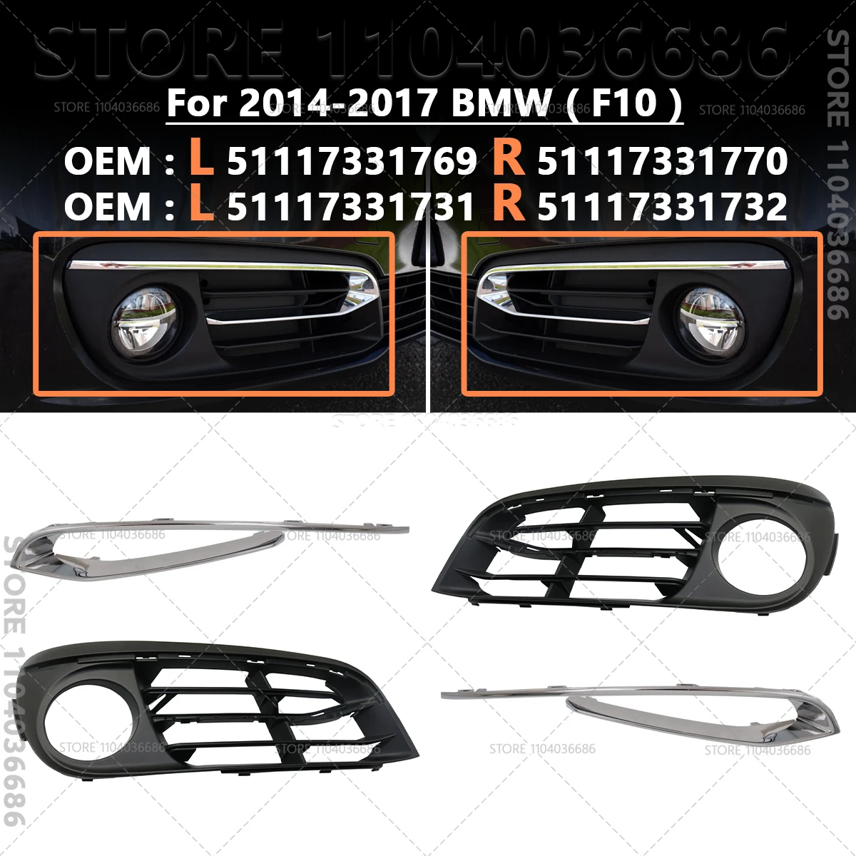 Front Bumper Fog Light Cover Grille Trim 51117331731 51117331732 51117331769 51117331770 for 2014-F10 BMW 528i 535i 550i