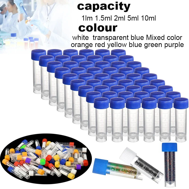 50pcs 1-10ml Mini Flat Bottom Plastic Graduated Freezing Bottle Plastic Tube Nut Cosmetic Travel Lotion Storage Container Plastic Test Tubes Mini Perfume Bottles