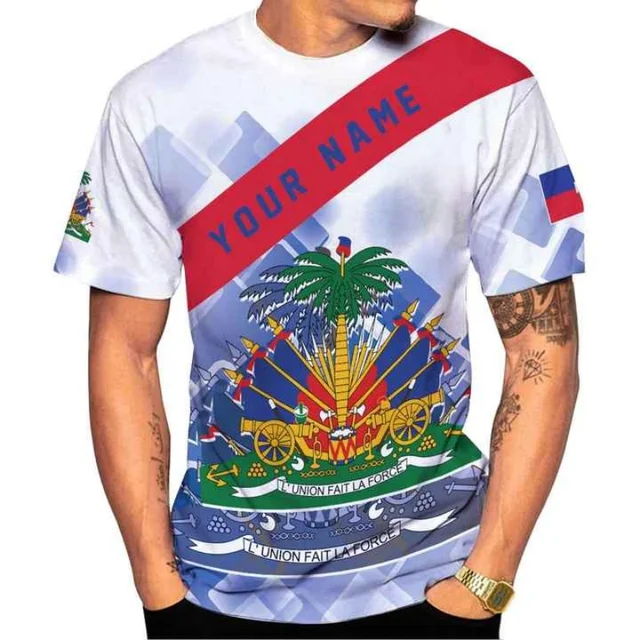 Haiti National Emblem Pattern T-Shirt For Men Customized 3D Printed Tees Summer Casual Loose T Shirts O-Neck Top Short Sleeves 2