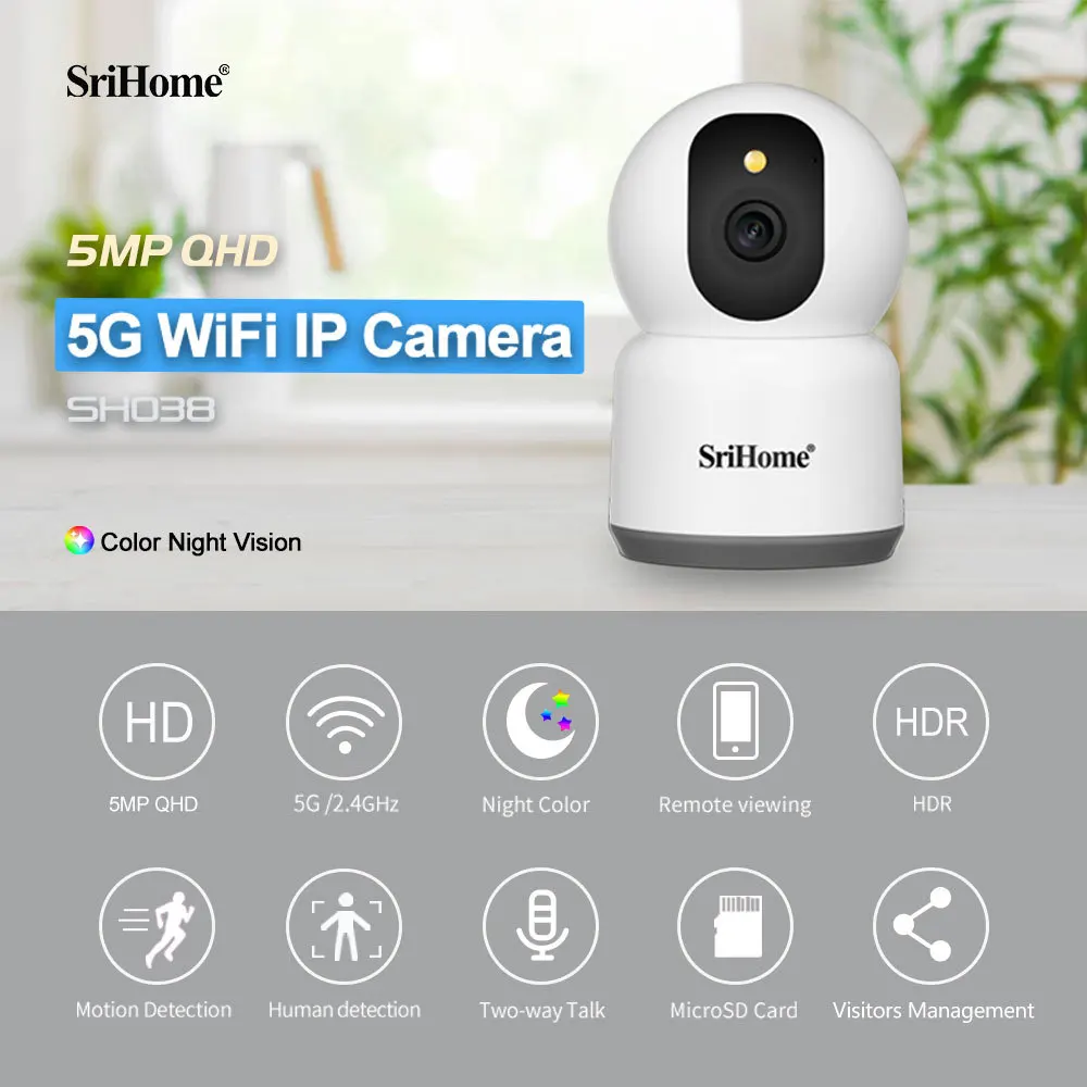 SriHome 5MP 5G WIFI IP Camera Tuya Smart Home Indoor Wireless Surveillance Audio Cam Automatic Tracking Security Baby Monitor srihome sh033 3 0mp wifi ip camera 4ch data base waterproof battery power wireless cam color night vision pir alarm baby monitor