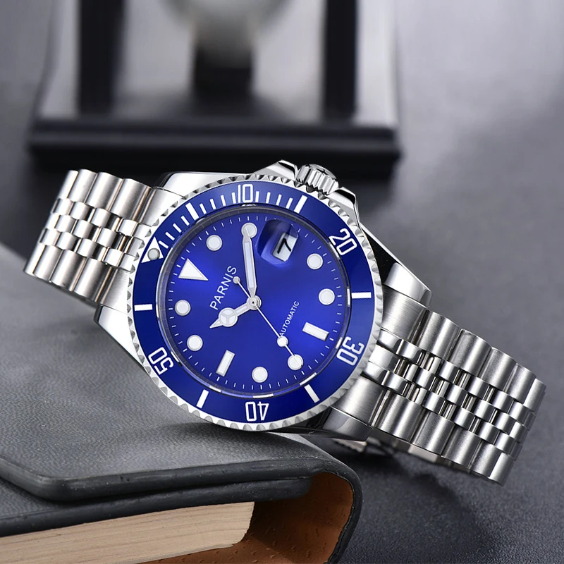 

Parnis 40mm Sapphire Crystal Blue Etc. Dial Mechanical Automatic Black Ceramic Bezel Miyota 8215 Movement Calendar Men's Watches