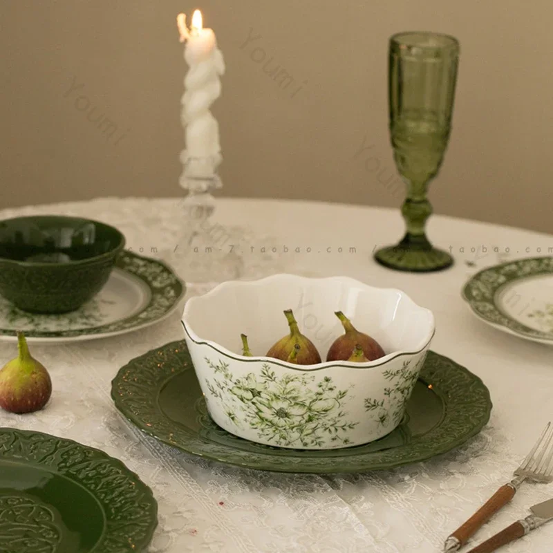 Vintage Relief Ceramic Plate Green Creative Flower Dining Plates Household Delicious Dishes Trays Exquisite Soup Bowls Tableware