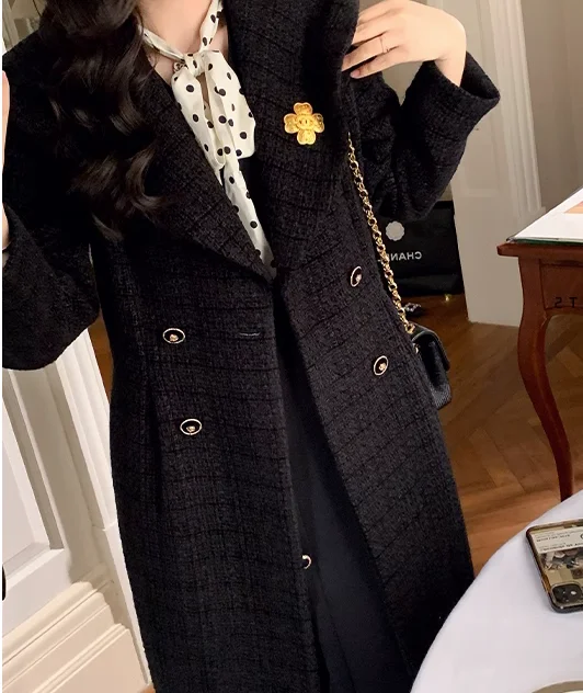 French Retro Red Woolen Women's Coat 2023 Autumn Winter Lapels Double Breasted Slimming Straight Type Fashion Woolen Overcoat