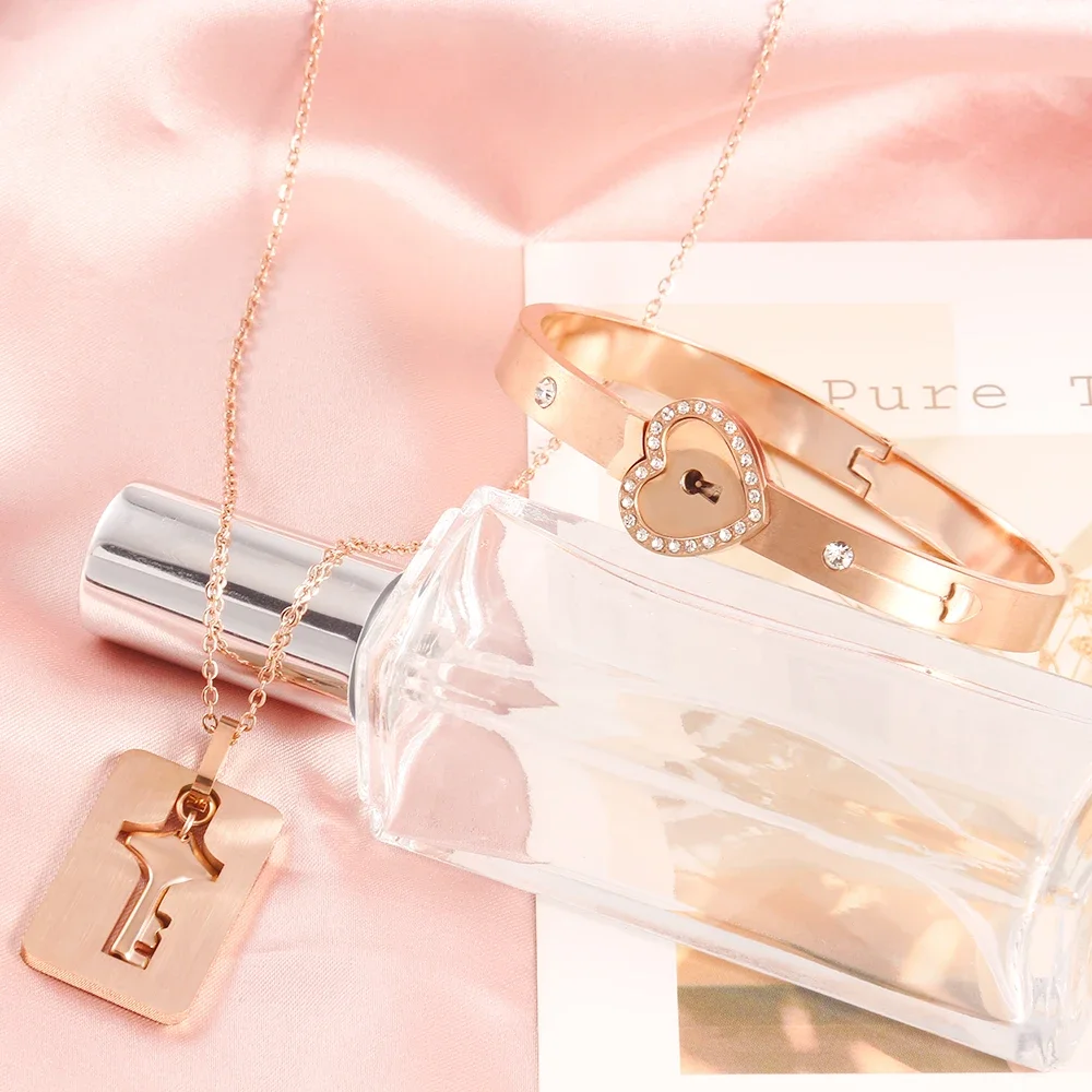 Couple  Jewelry Stainless Steel Bracelet Love Heart Lock Bracelets Key Pendant  Necklace for Women Men Couples Set  Jewelry Gift 4