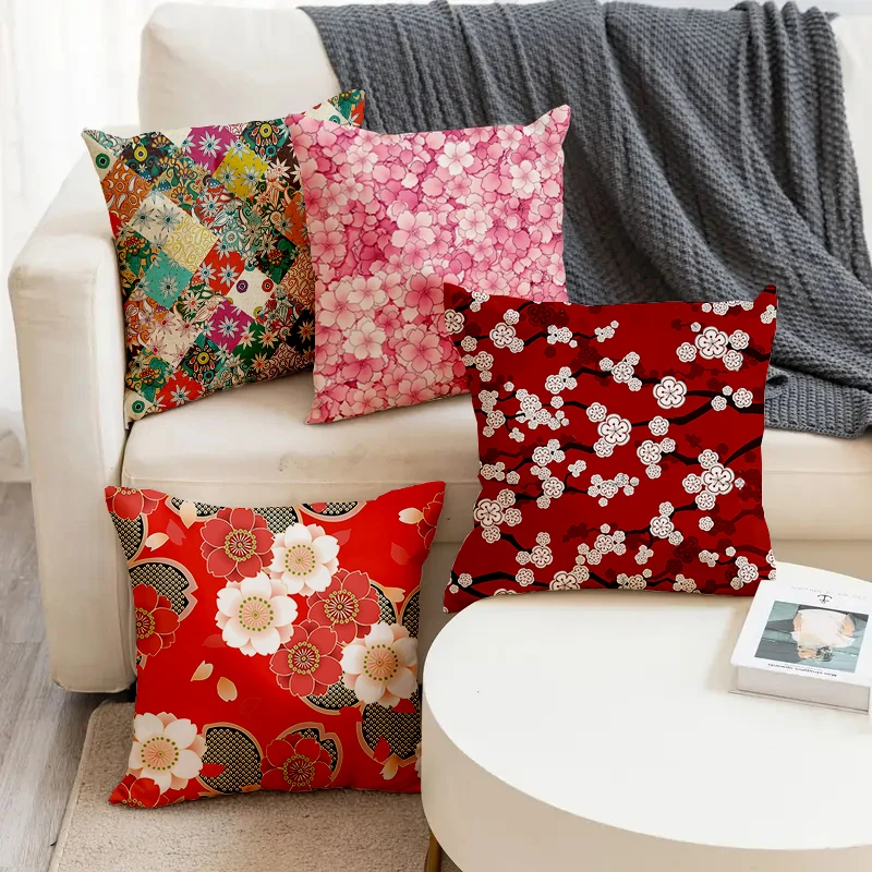 

Beautiful Flower Plum Blossom Pattern Printed Square Pillowslip Linen Blend Cushion Cover Pillowcase Living Room Home Decor