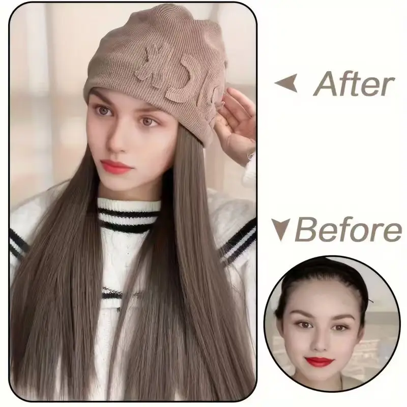 Brown Autumn Hat Synthetic Wig Lucky Hat Long Straight Hair Soft Hat and Wig, Easy to Wear, Warm