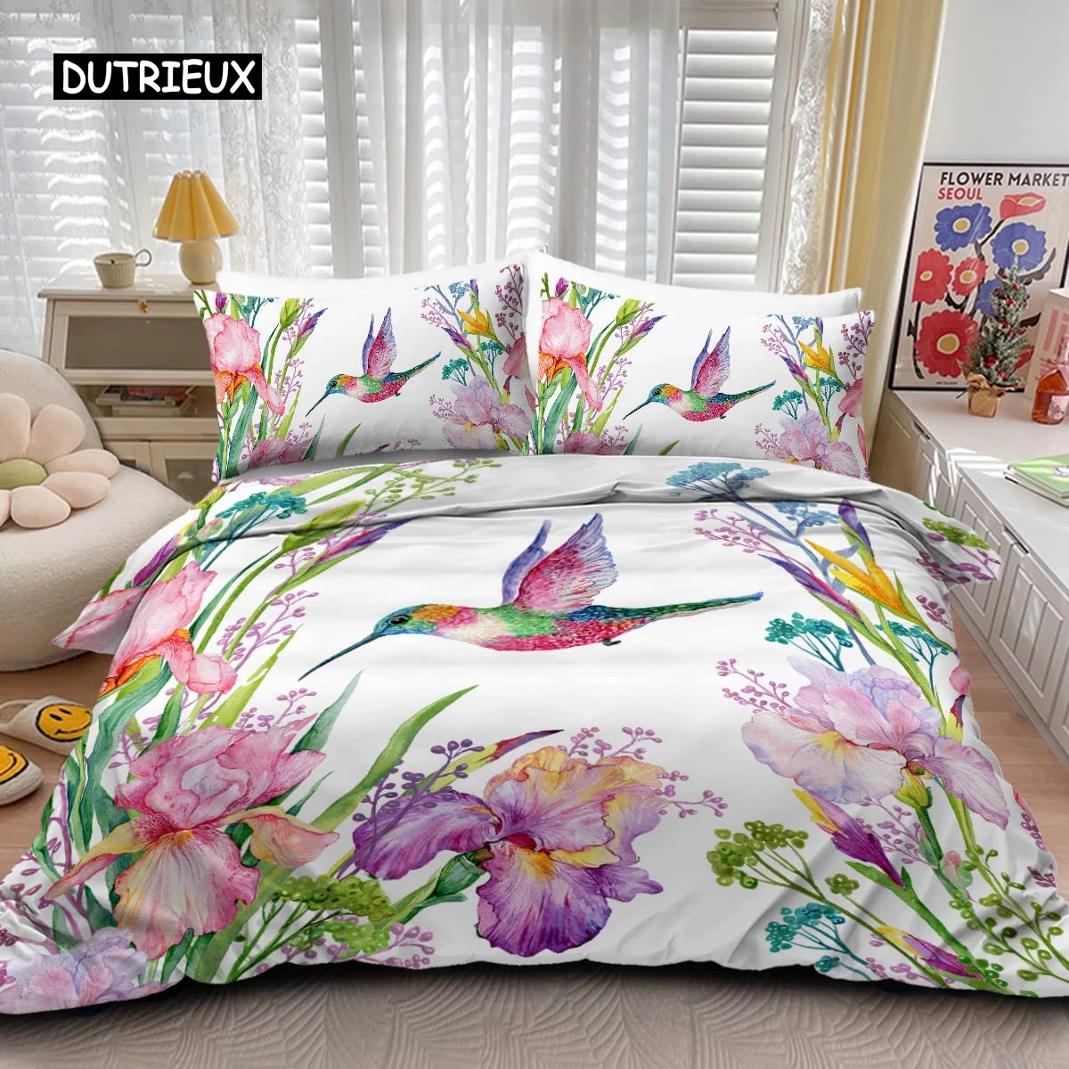 

Tropical Birds Duvet Cover Watercolor Hummingbird Flowers Twin Bedclothes Exotic Wildlife White Abstract Polyester Qulit Cover