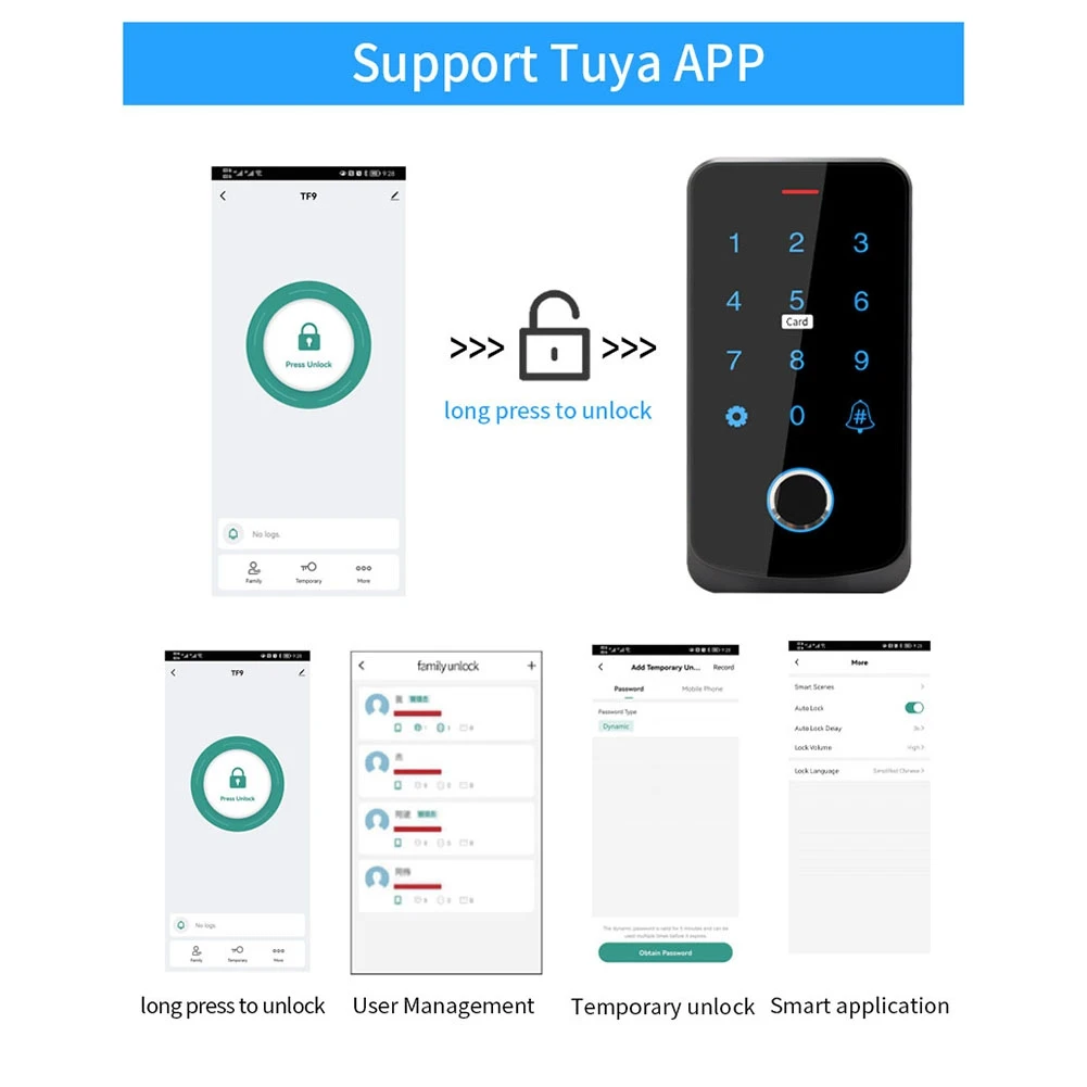 A10R Tuya APP 액세스 제어 키보드 Bluetooth 원격 제어 RFID IC M1 카드 지문 액세스 키패드 TF9-Tuya