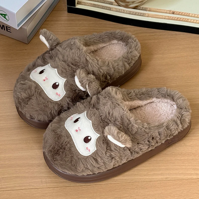 Cute Cartoon Non Slip Cotton Slippers Women Comfortable Soft Sole Warm Plush Home Slippers Woman Indoor Thick Sole Fluffy Slides