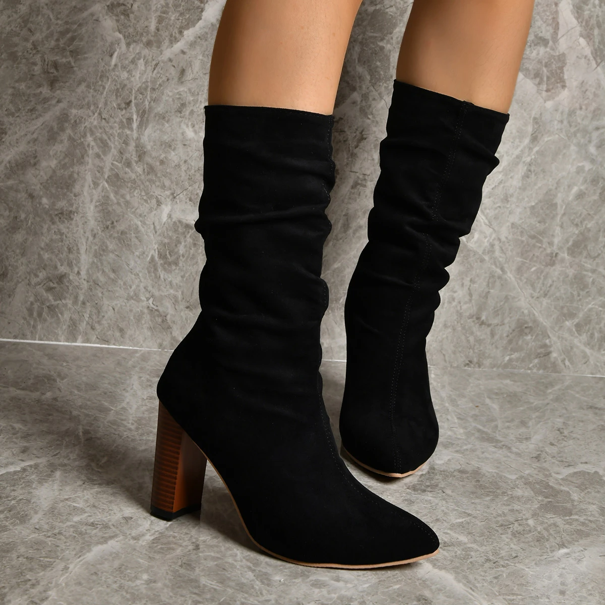 Winter Mid Calf Women Boots Fashion Fold Thick Heels Pointed Toe Western Boots Sexy Slip on Boots for Lady Shoes boots