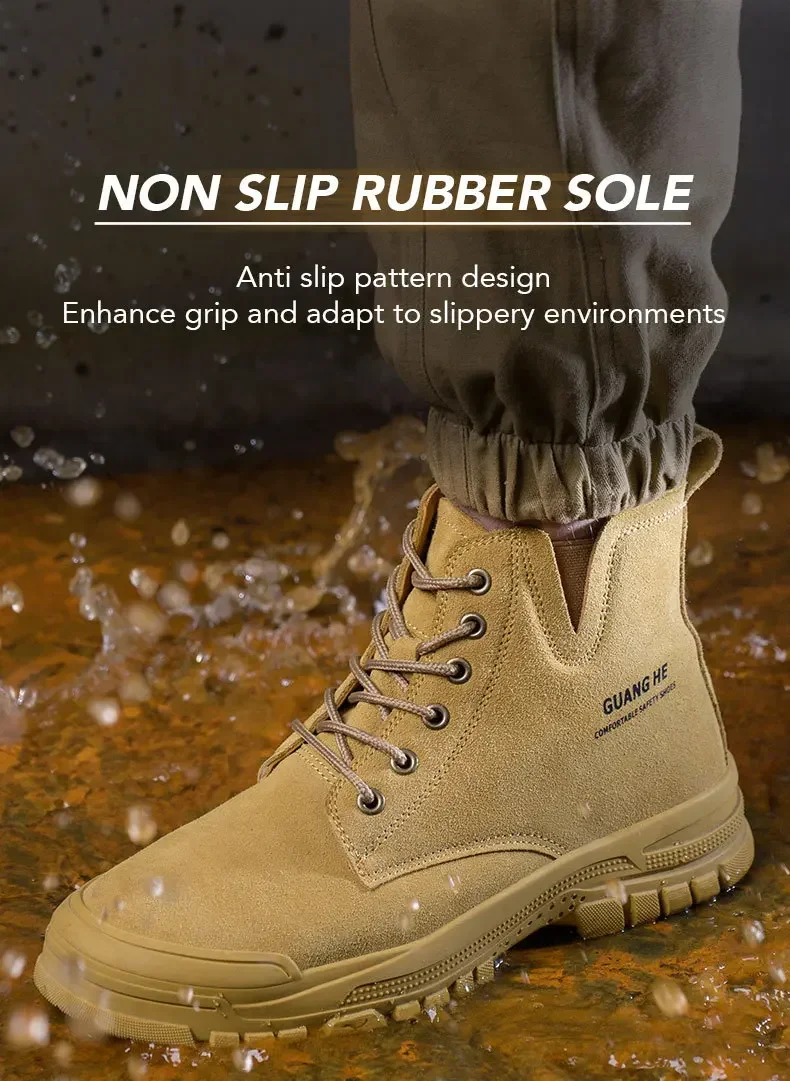 Black Leather Men Winter Plush Work Safety Boots Indestructible Steel Toe Anti-smash Shoes Anti-puncture Protective Footwear