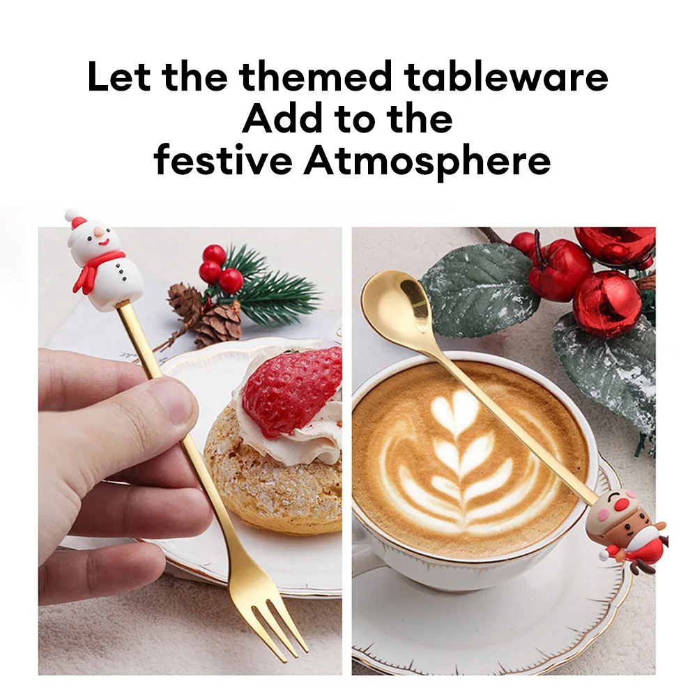 Christmas Gift Gold Spoon Fork Set Elk Christmas Tree Decoration Dessert Scoop Fruit Fork Coffee Spoon Festive Cutlery 6/4 PCS