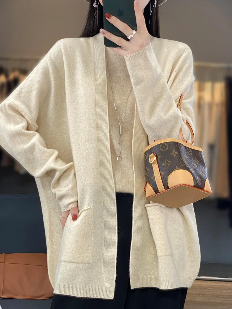 

2024 High-end Spring Autumn Women Sweater Coat 100% Merino Wool Long Sleeve Unbuttoned Cardigan Knitwear Coat Women Clothing