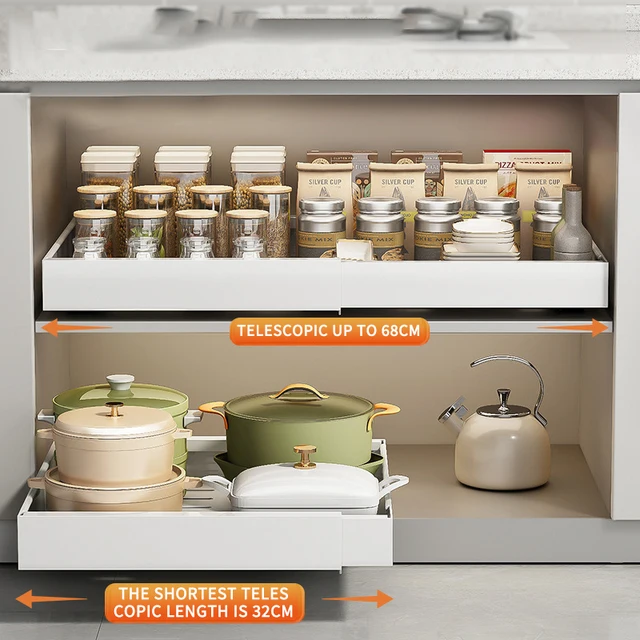 ครัวเรือนโลหะสีขาวปรับดึงตู้ครัว Mesa สไลด์เครื่องเทศบนโต๊ะอาหารลิ้นชักองค์กรตะกร้า 2