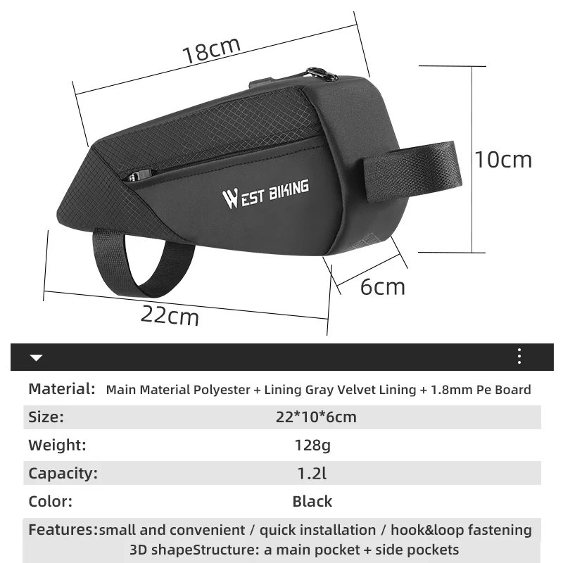 WEST BIKING Bicycle Top Tube Bag 1.2L Portable Bike Front Frame Bag 3D Stereo Cycling Tool Bag MTB Road Bike Accessories