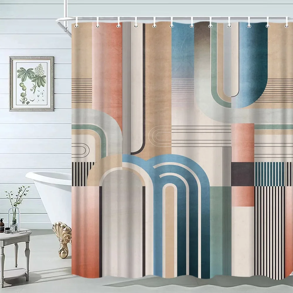 Mid Century Shower Curtain Black Gray Tan Abstract Sun Geometric Neutral Rustic Modern Arch Fabric Bathroom Decor Set Hooks 2