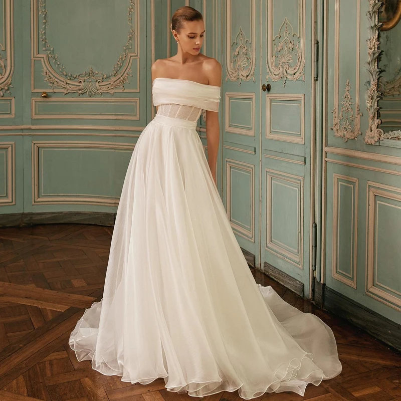 

UZN Simple A-Line Wedding Dresses Off The Shoulder Tulle Bridal Gowns Boho Beach Floor Length Evening Wedding Gowns Custom Size