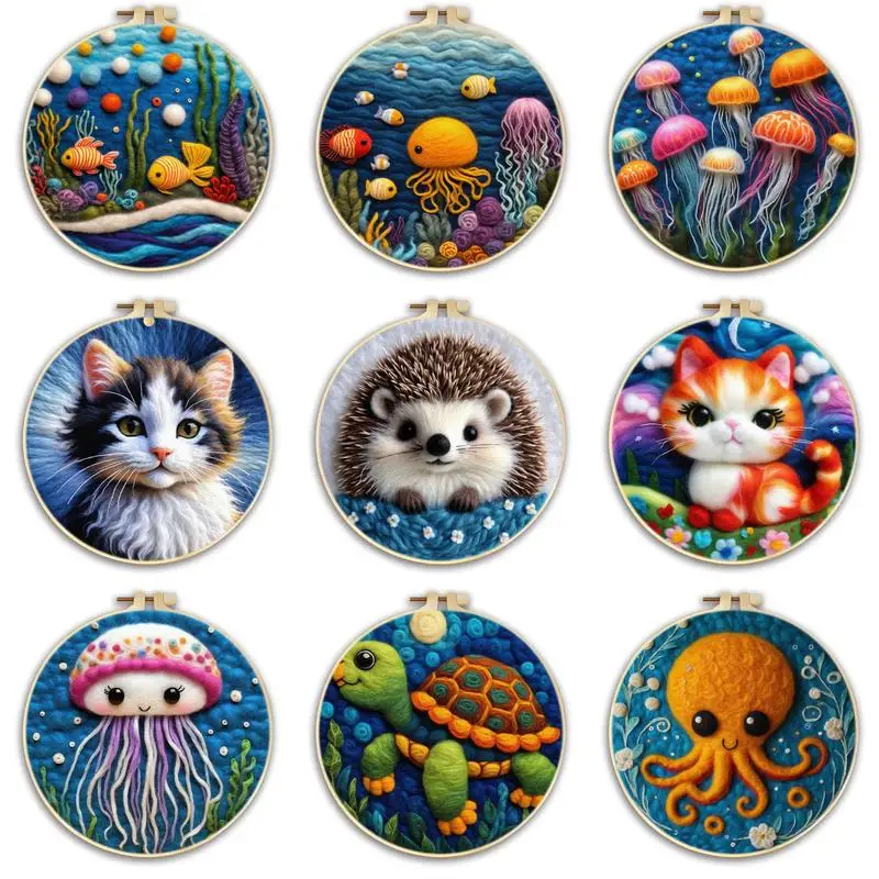 SDOYUNO DIY Wool Felting Painting With Embroidery Frame 20x20cm Animal Needle Wool Painting Picture For Home Decors Crafts Gift