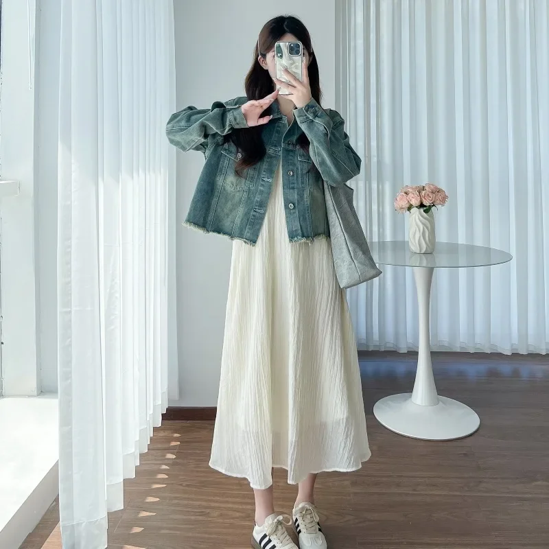 Maternity Clothes Collection Chiffon Tank Dress Denim Jacket 2-Piece Set Suit For Pregnant Women