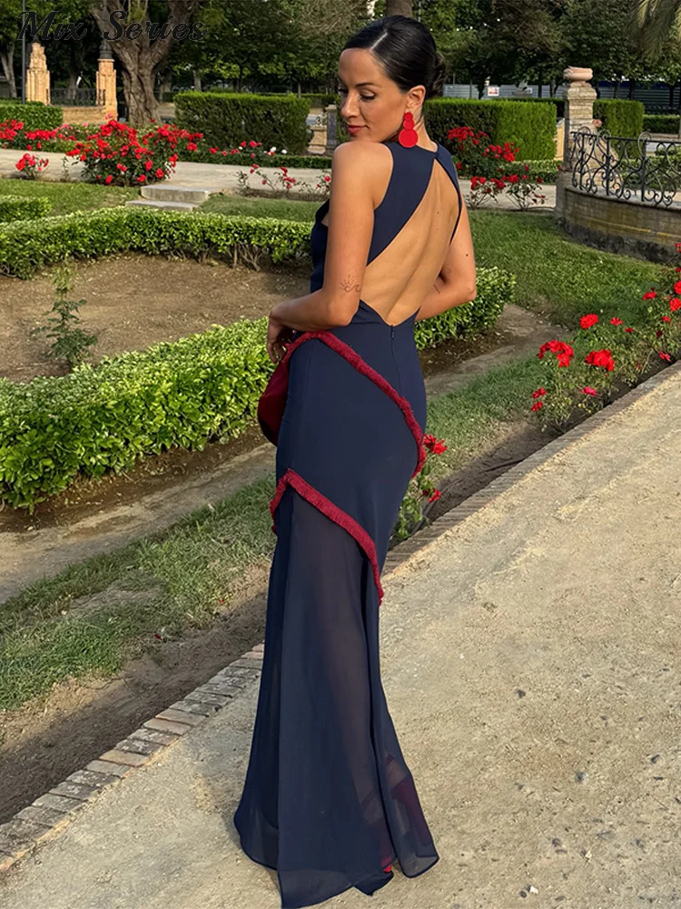 Elegant Stripe Backless Long Dress Women's Contrast Color Slim O-Neck Sleeveless Dresses Summer Female Fashion Party Robes 4