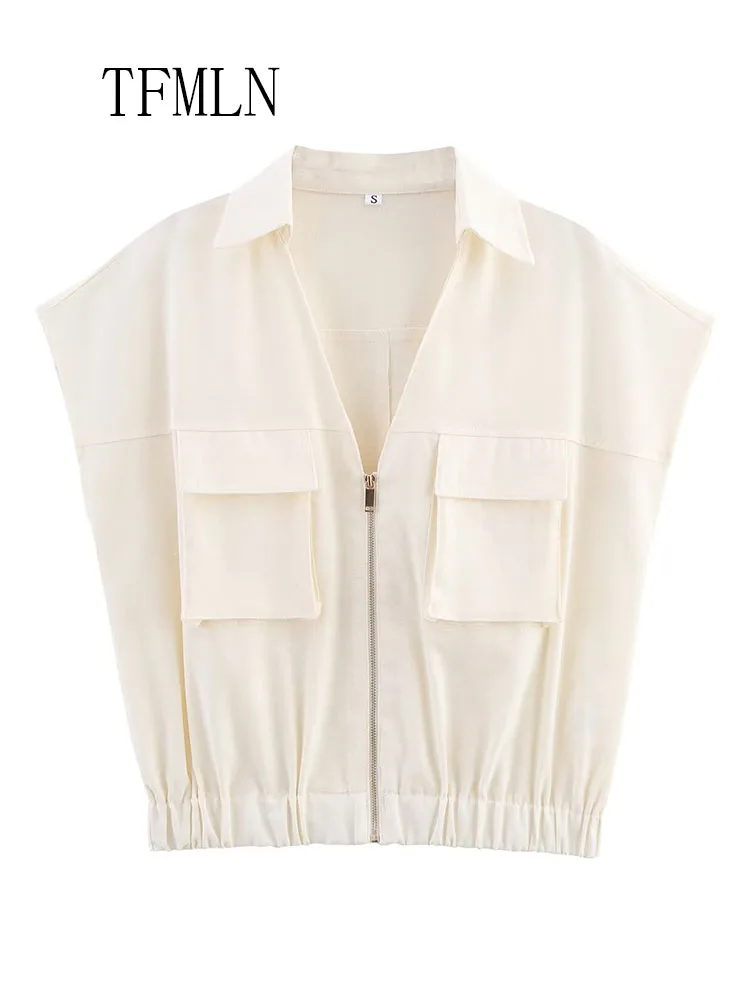 TFMLN Summer Chic Casual Women Solid Zipper Tops 2025 New Lapel Pockets Sleeveless Short Vest Fashion High Street Cropped Tops