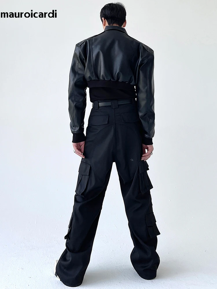 Mauroicardi Spring Autumn Cropped Pu Leather Jacket Men Long Sleeve Zipper Luxury Designer Clothes Runway European Fashion 2023 2