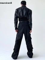 Mauroicardi Spring Autumn Cropped Pu Leather Jacket Men Long Sleeve Zipper Luxury Designer Clothes Runway European Fashion 2023 2